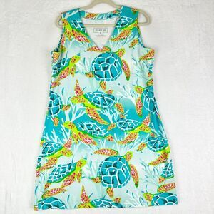 Ana Clare Sheila Shift Dress Size XL Sea Turtle Sleeveless V-Neck Cotton Stretch